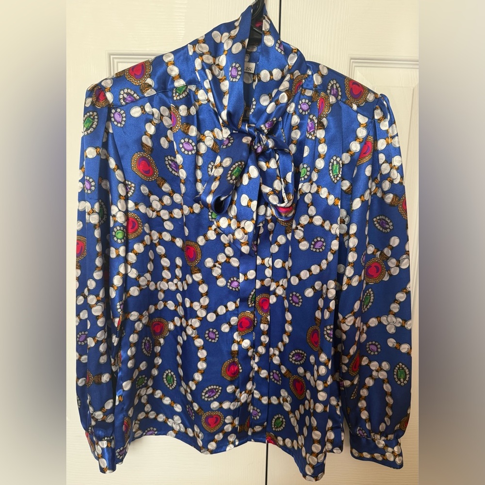 Vintage 80s Jewels Pearls Patterned Blouse with Bow Marlis Size 6